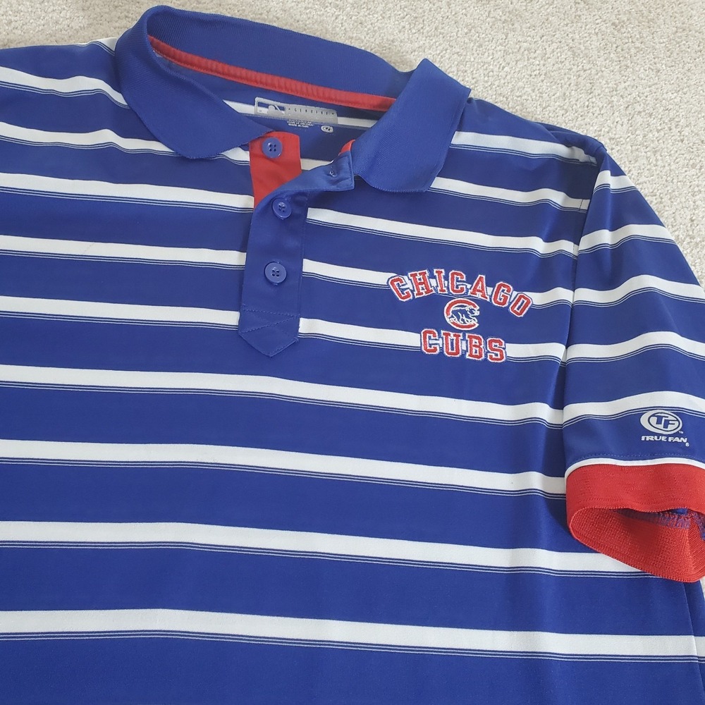 True Fan Chicago Cubs Polo Shirt Size M Blue & White Striped Short Sleeve
